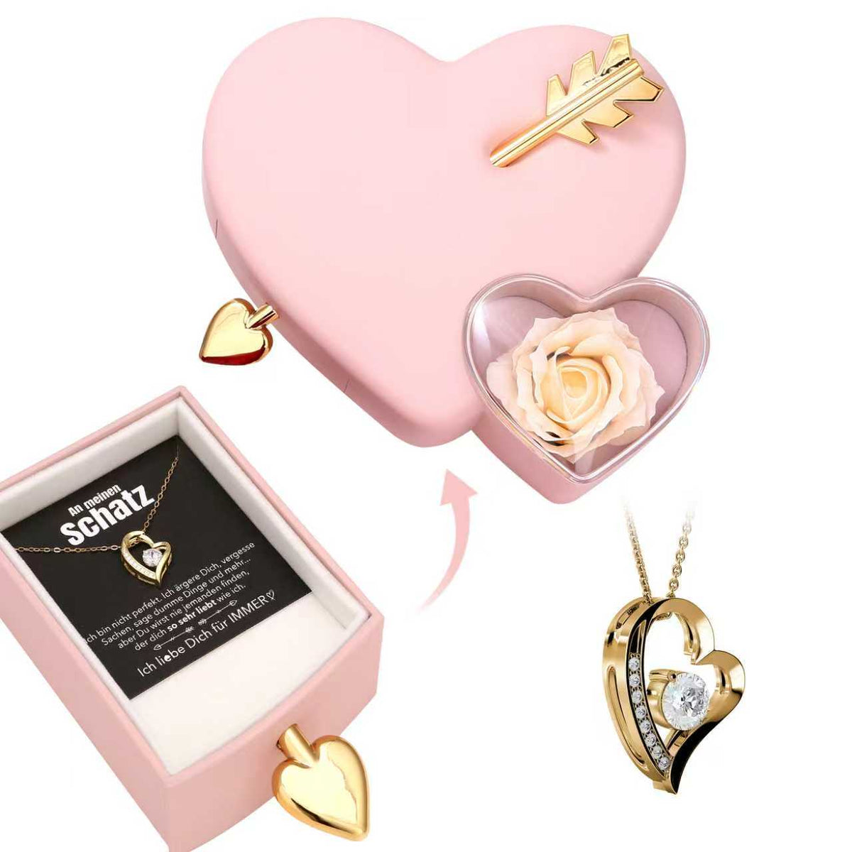 Amour Rosenbox mit versteckter Herzkette und Notiz - Liebesketten