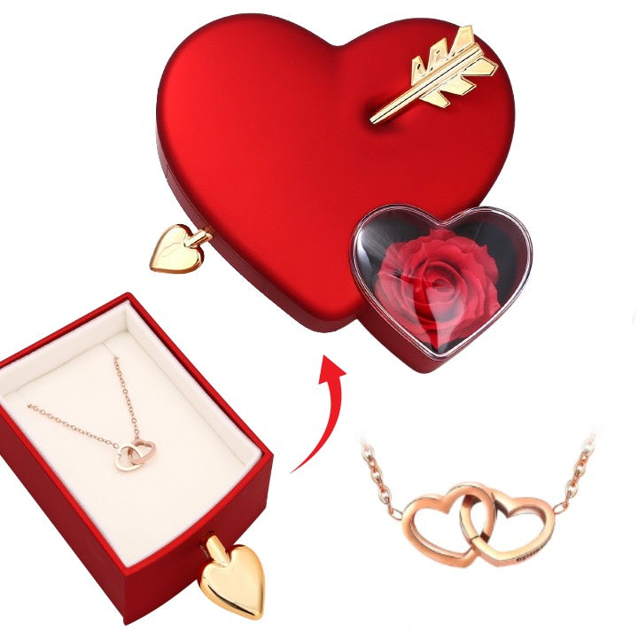 Amour Rosenbox mit versteckter Doppelherzkette