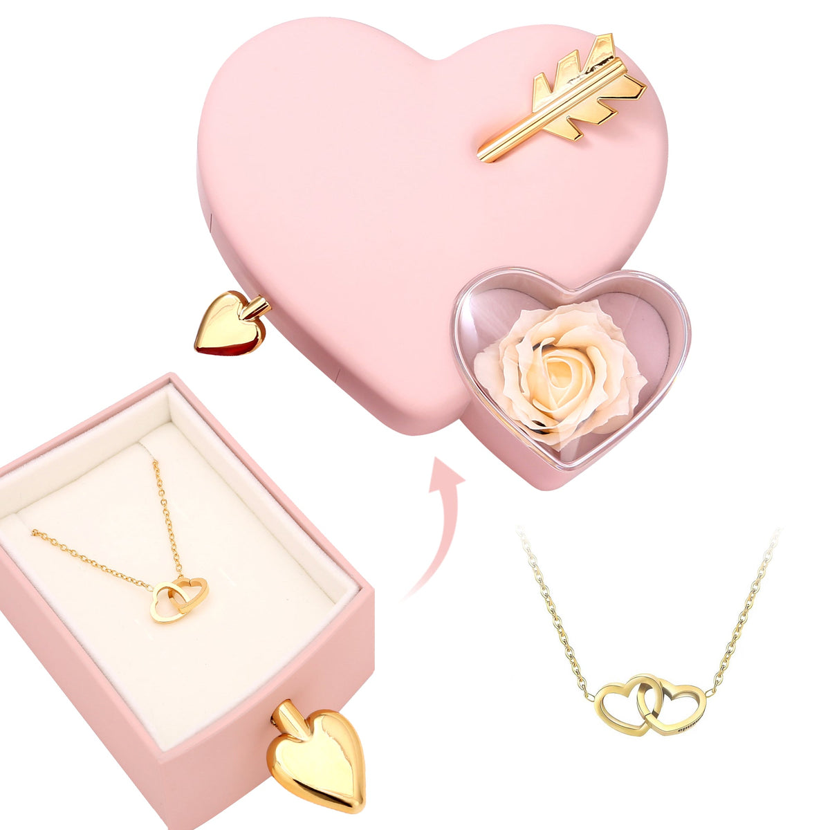 Amour Rosenbox mit versteckter Doppelherzkette - Liebesketten