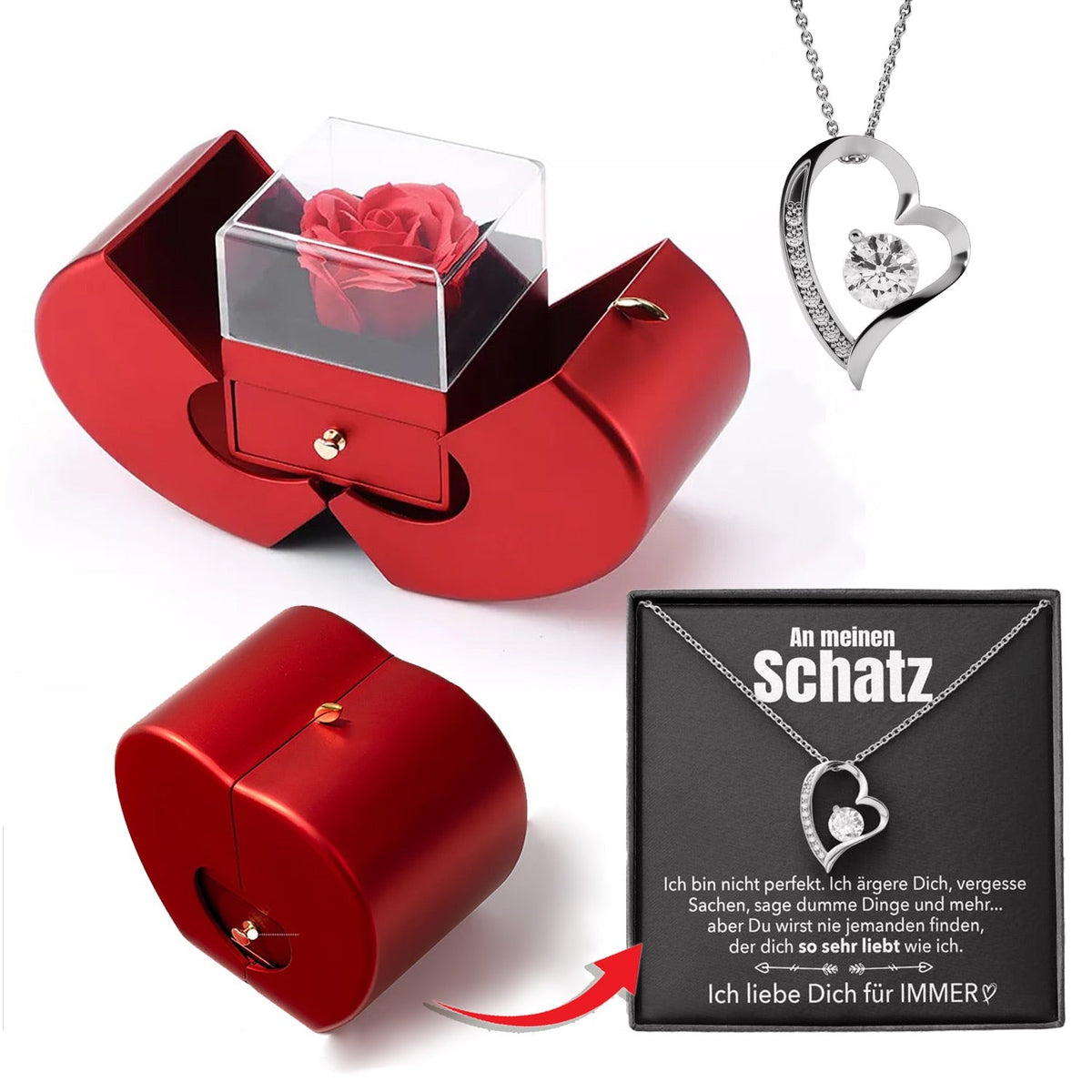 Apfel-Rosenbox mit Herz-Halskette und echter Rose - Liebesketten