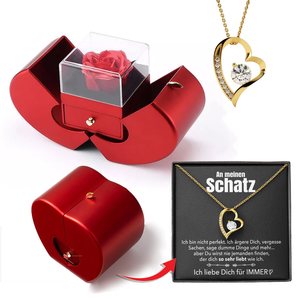 Apfel-Rosenbox mit Herz-Halskette und echter Rose - Liebesketten