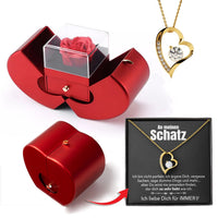 Apfel-Rosenbox mit Herz-Halskette und echter Rose