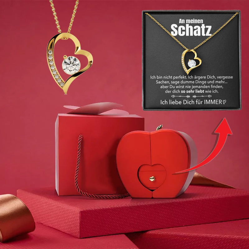 Apfel-Rosenbox mit Herz-Halskette und echter Rose