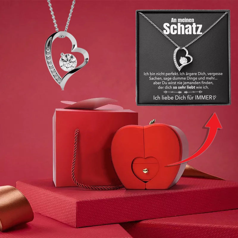 Apfel-Rosenbox mit Herz-Halskette und echter Rose