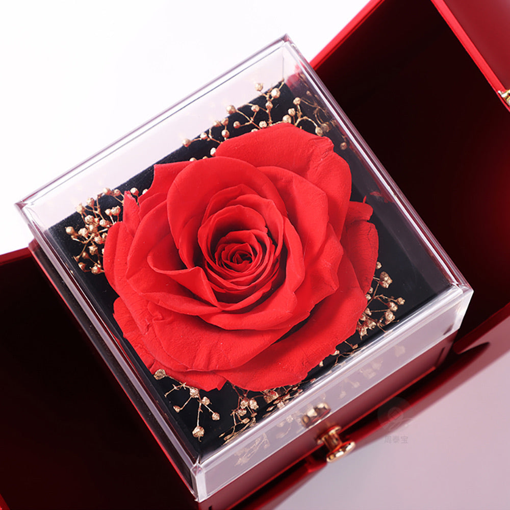 Apfel-Rosenbox mit Herz-Halskette und echter Rose - Liebesketten