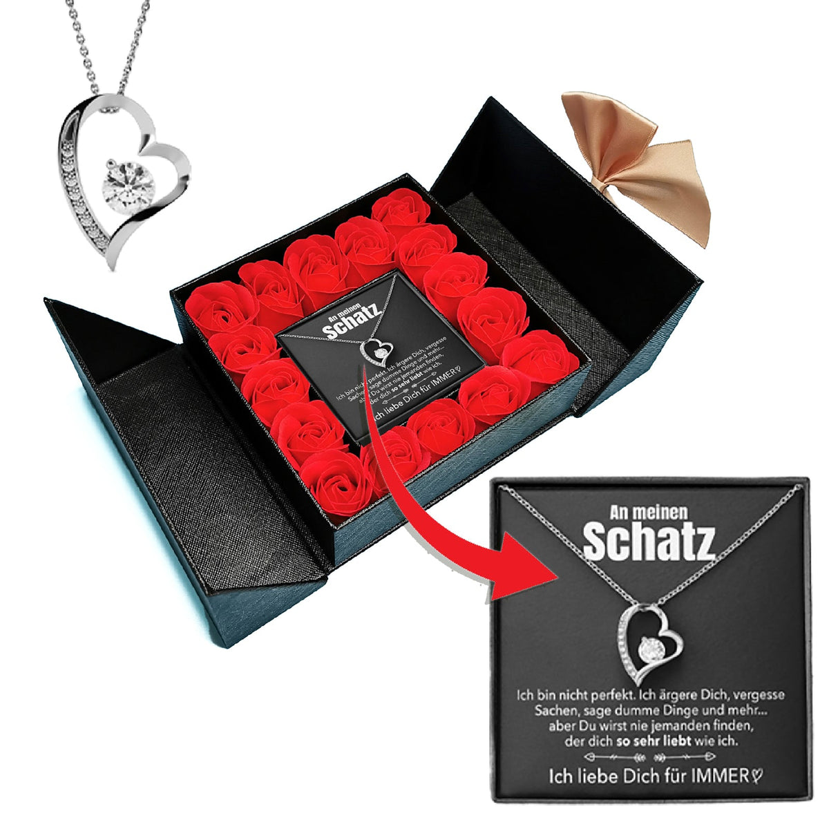 Aufklappbare Rosenbox mit Herz-Halskette und Karte - Liebesketten