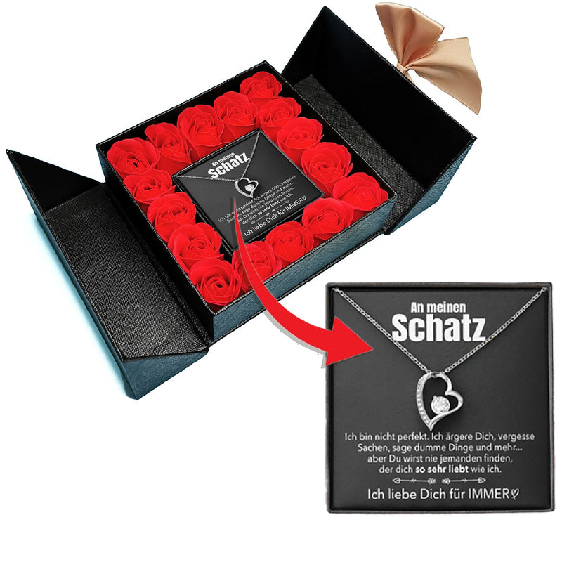 Aufklappbare Rosenbox mit Herz-Halskette und Karte