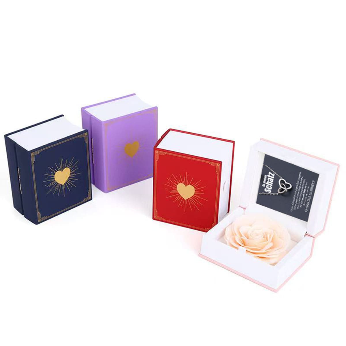 Buch-Rosenbox mit Doppelherzkette und Namensgravur - Liebesketten