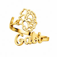 Geburtsblumen-Ring mit Name und feiner Blütengravur