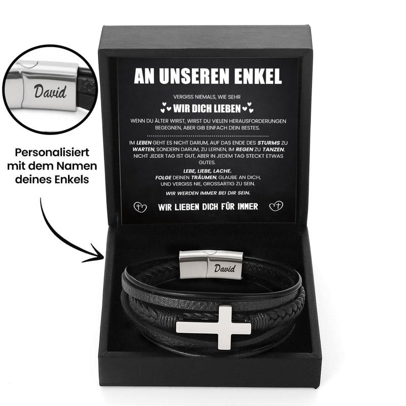 Geflochtenes Lederarmband mit Gravur für den Enkel