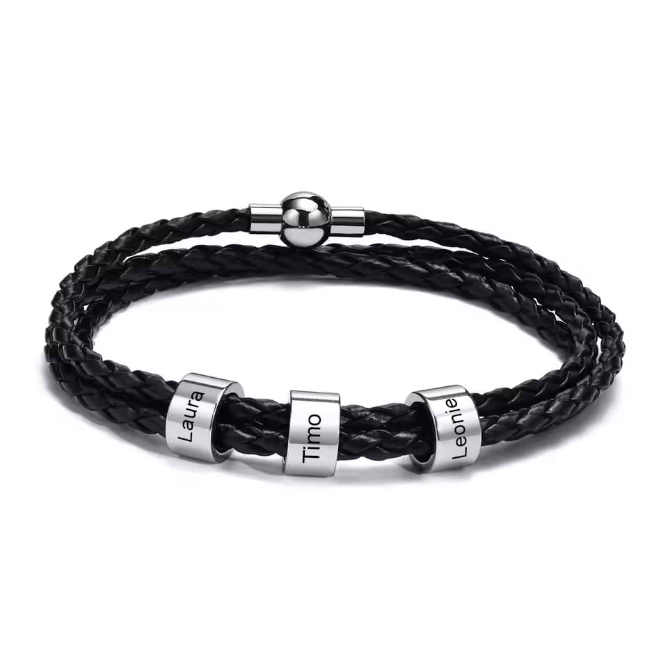 Lederarmband mit gravierten Namensringen für ihn - Liebesketten