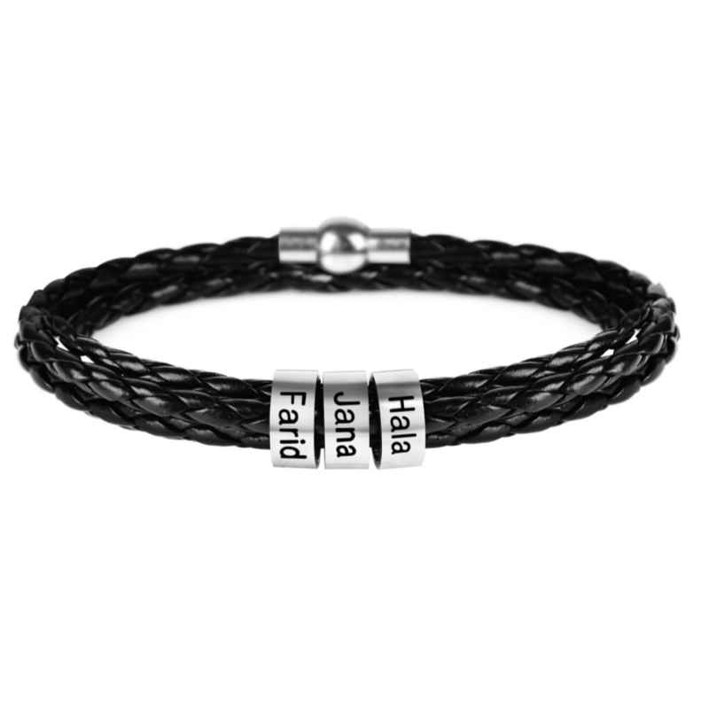 Lederarmband mit gravierten Namensringen für ihn
