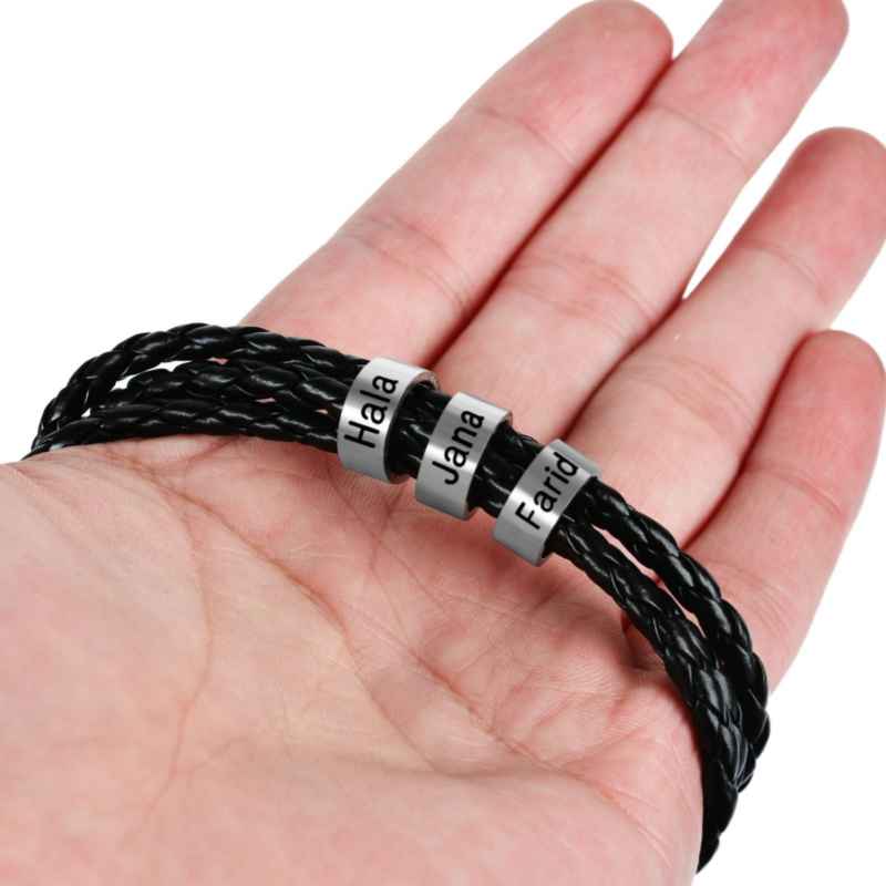 Lederarmband mit gravierten Namensringen für ihn - Liebesketten