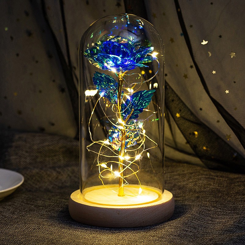 Leuchtende Rose unter Glas mit feiner Lichterkette - Liebesketten