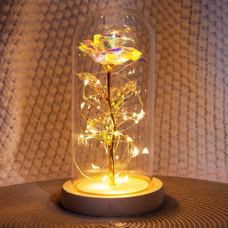 Leuchtende Rose unter Glas mit feiner Lichterkette - Liebesketten