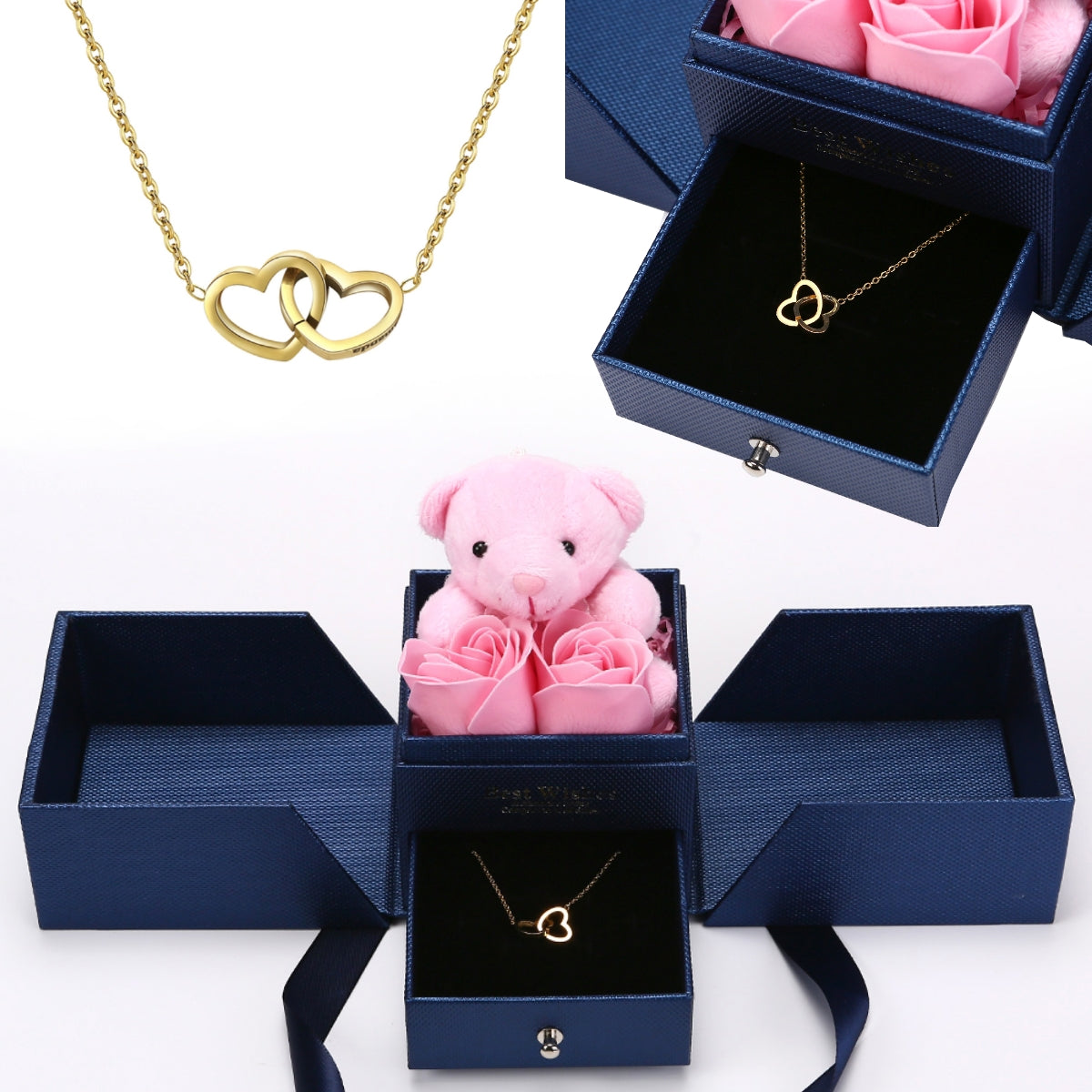 Rosenbär-Box mit gravierter Halskette und Rosen - Liebesketten