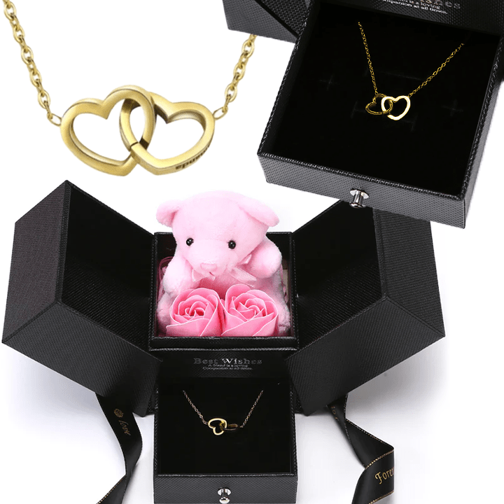 Rosenbär-Box mit gravierter Halskette und Rosen - Liebesketten