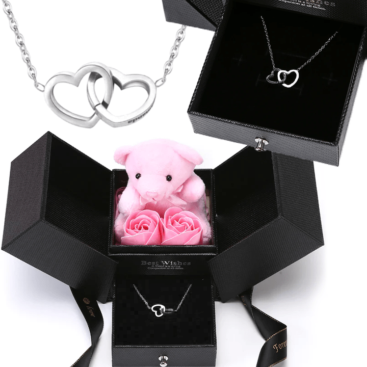 Rosenbär-Box mit gravierter Halskette und Rosen - Liebesketten