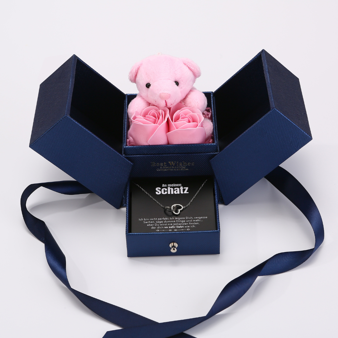 Rosenbär-Box mit gravierter Kette und deiner Notiz - Liebesketten