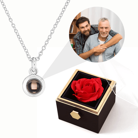 Rosenbox mit Foto-Kreiskette und echter roter Rose - Liebesketten