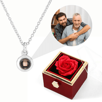 Rosenbox mit Foto-Kreiskette und echter roter Rose