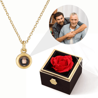 Rosenbox mit Foto-Kreiskette und echter roter Rose
