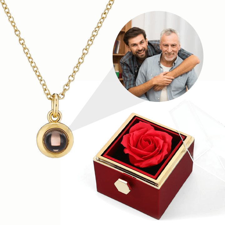Rosenbox mit Foto-Kreiskette und echter roter Rose