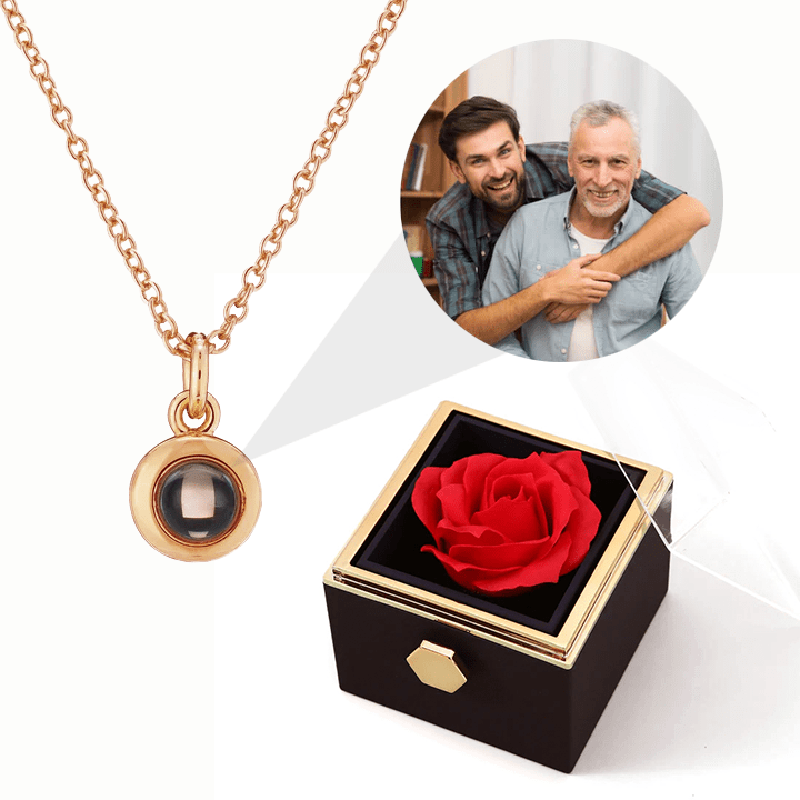 Rosenbox mit Foto-Kreiskette und echter roter Rose - Liebesketten