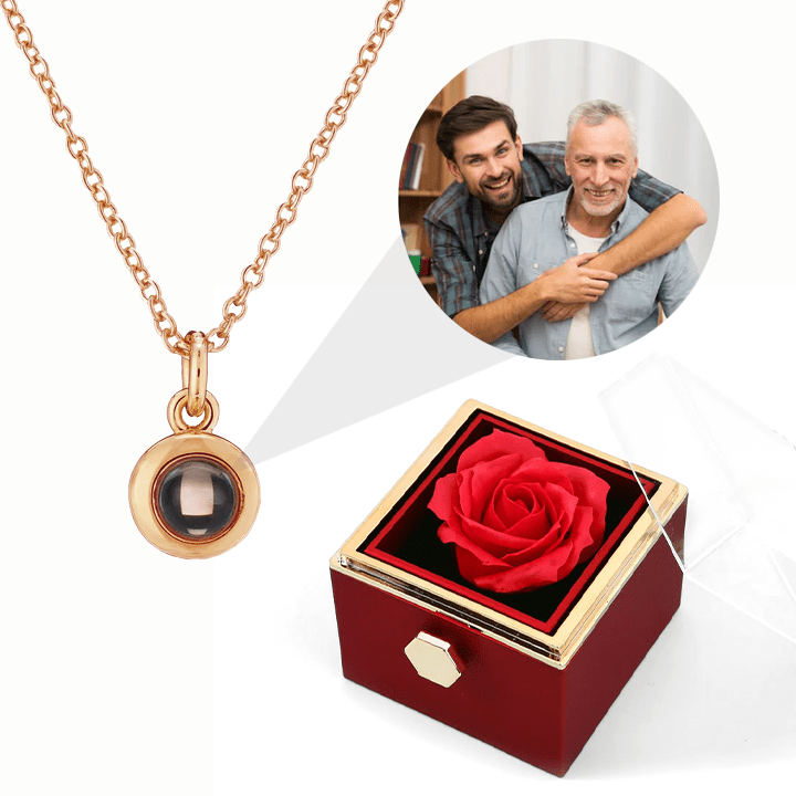 Rosenbox mit Foto-Kreiskette und echter roter Rose