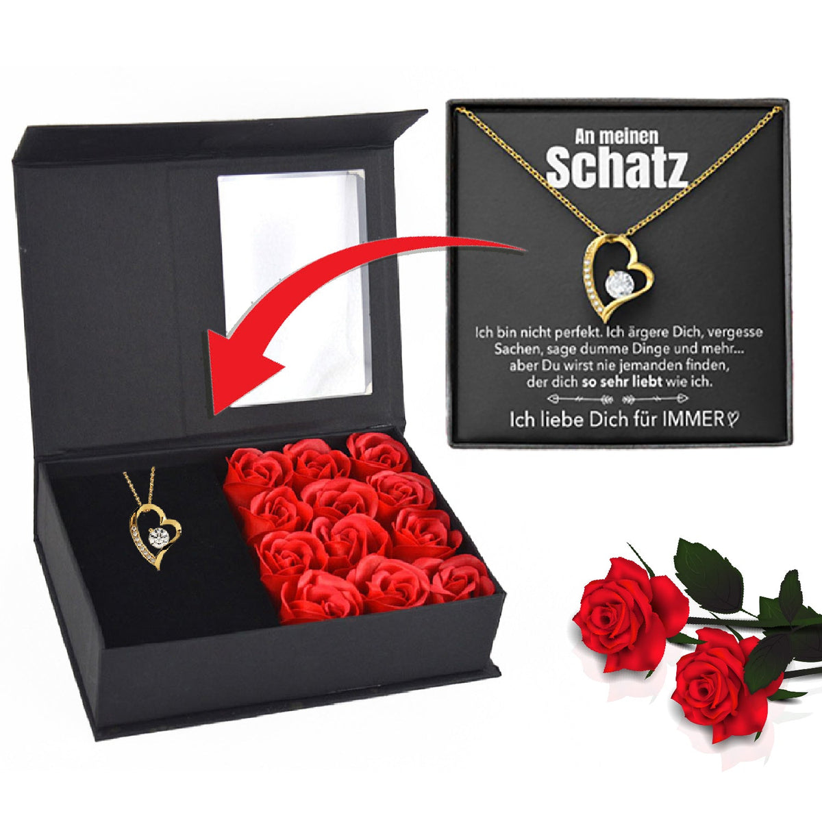Rosenbox mit Notiz und funkelnder Herz-Halskette - Liebesketten