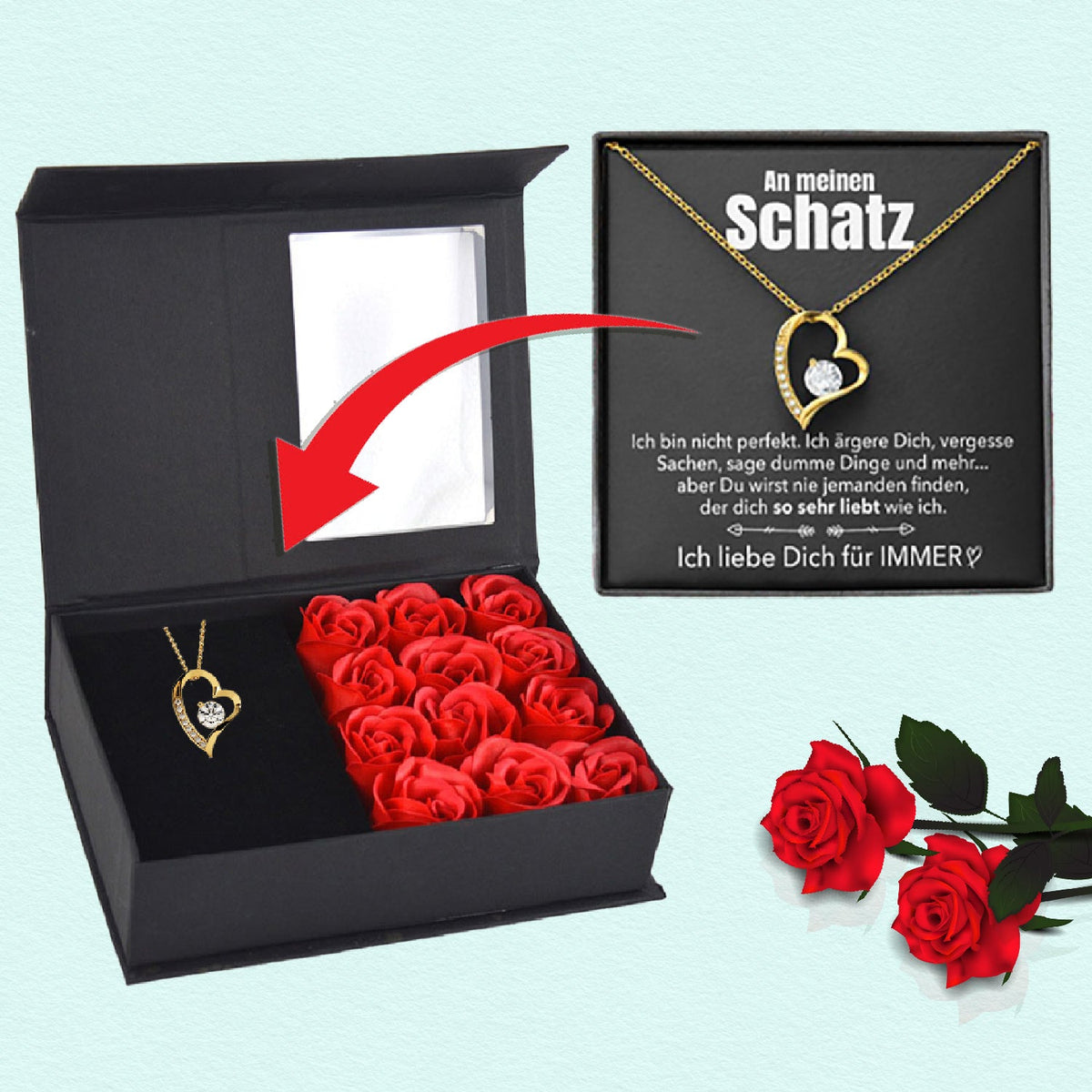 Rosenbox mit Notiz und funkelnder Herz-Halskette - Liebesketten