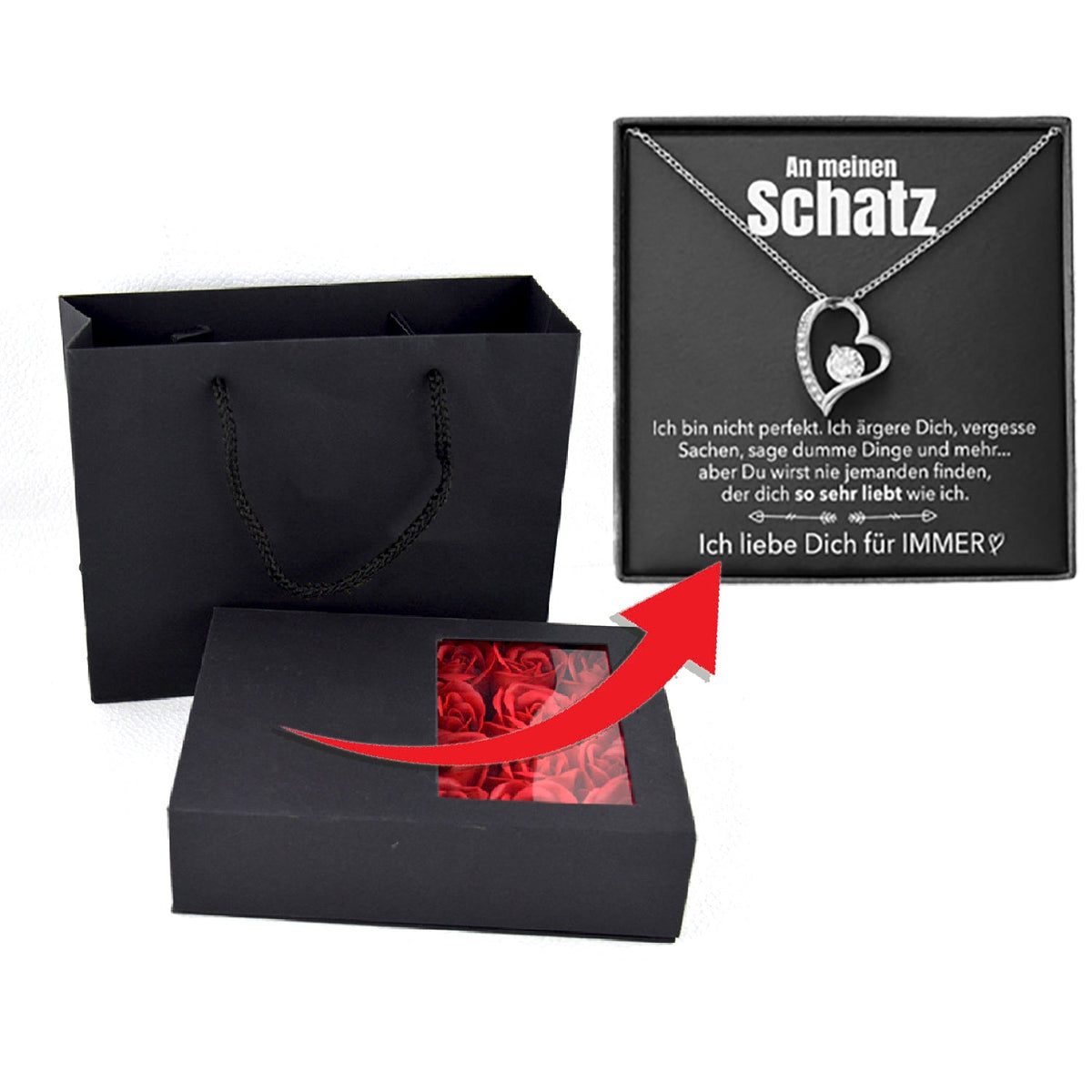 Rosenbox mit Notiz und funkelnder Herz-Halskette - Liebesketten