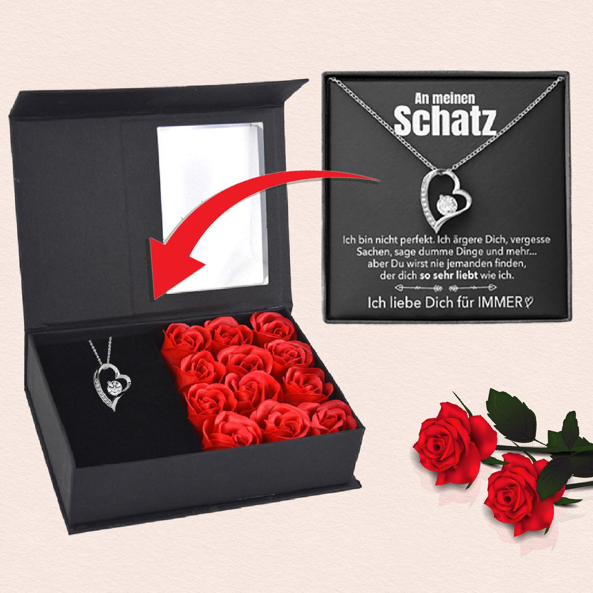 Rosenbox mit Notiz und funkelnder Herz-Halskette - Liebesketten