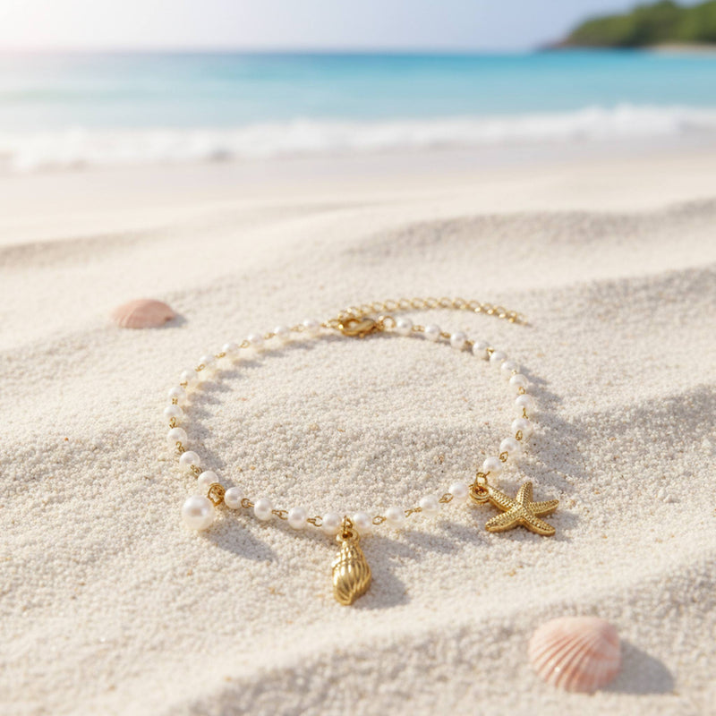 Strand-Fusskette mit Muschel- und Seestern-Charms