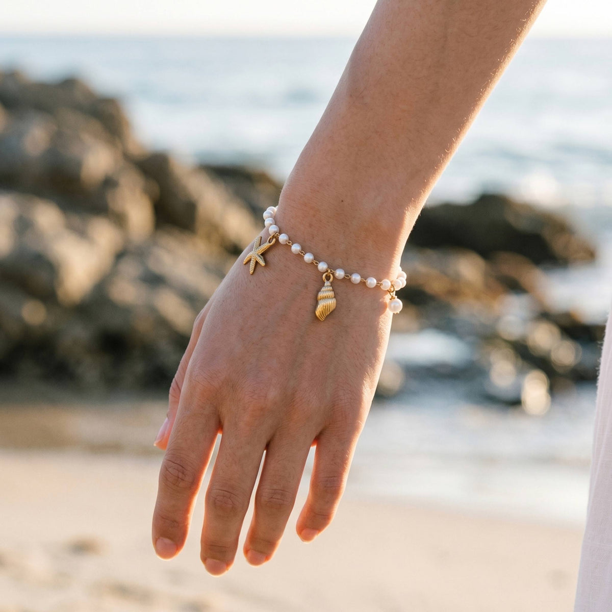 Strand-Fusskette mit Muschel- und Seestern-Charms - Liebesketten