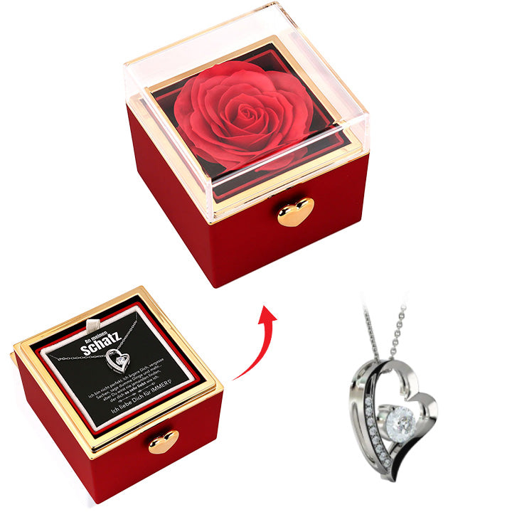 Überraschungs-Rosenbox mit Herzkette und Notiz
