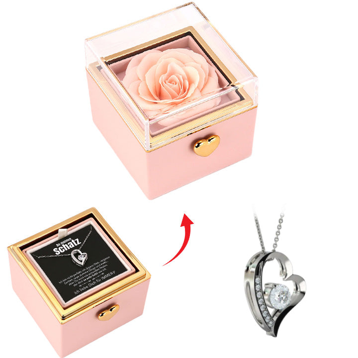 Überraschungs-Rosenbox mit Herzkette und Notiz