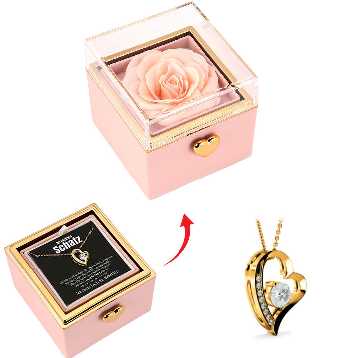 Überraschungs-Rosenbox mit Herzkette und Notiz